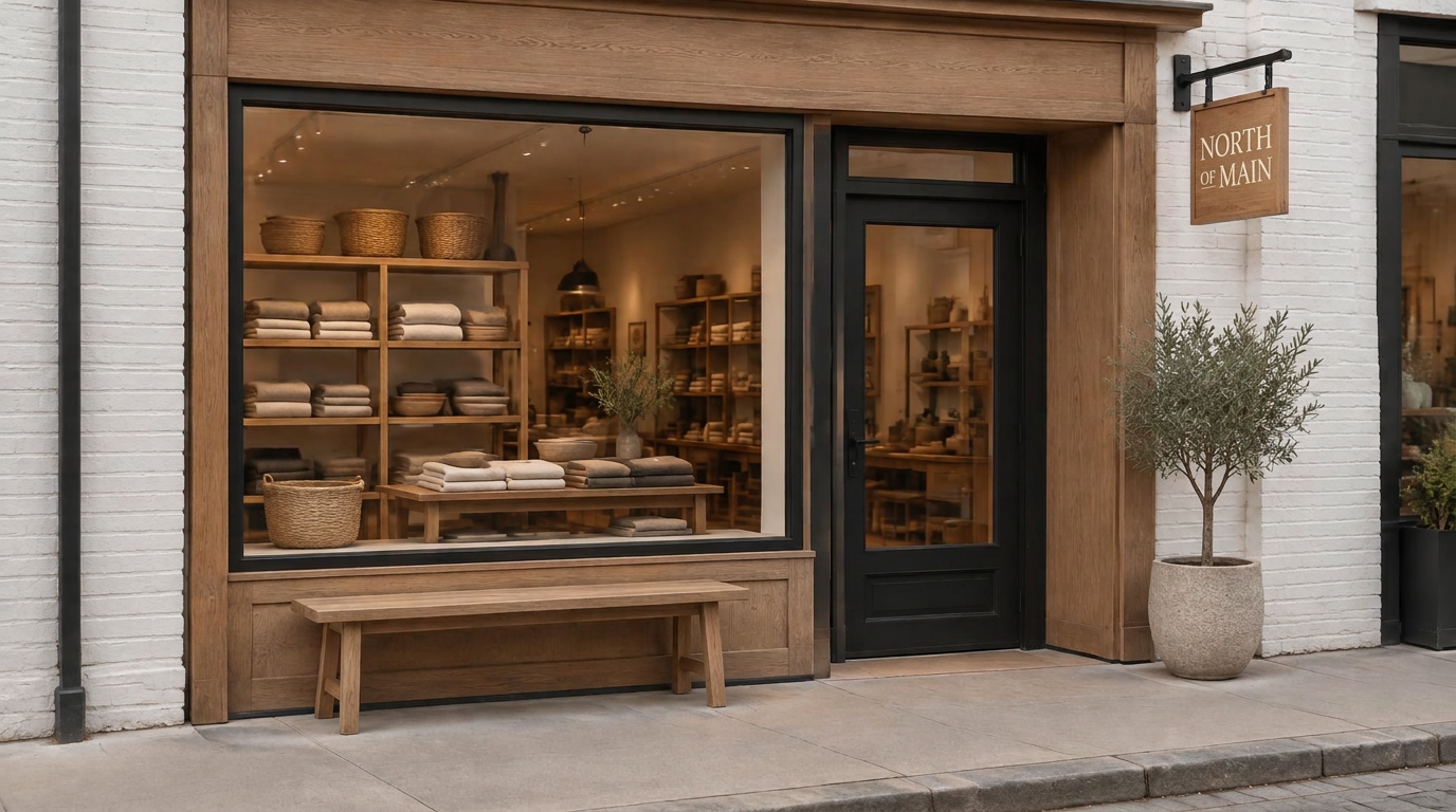 The North of Main storefront — a small oak-fronted shop on Main Street with a window full of linens, baskets, and wooden goods